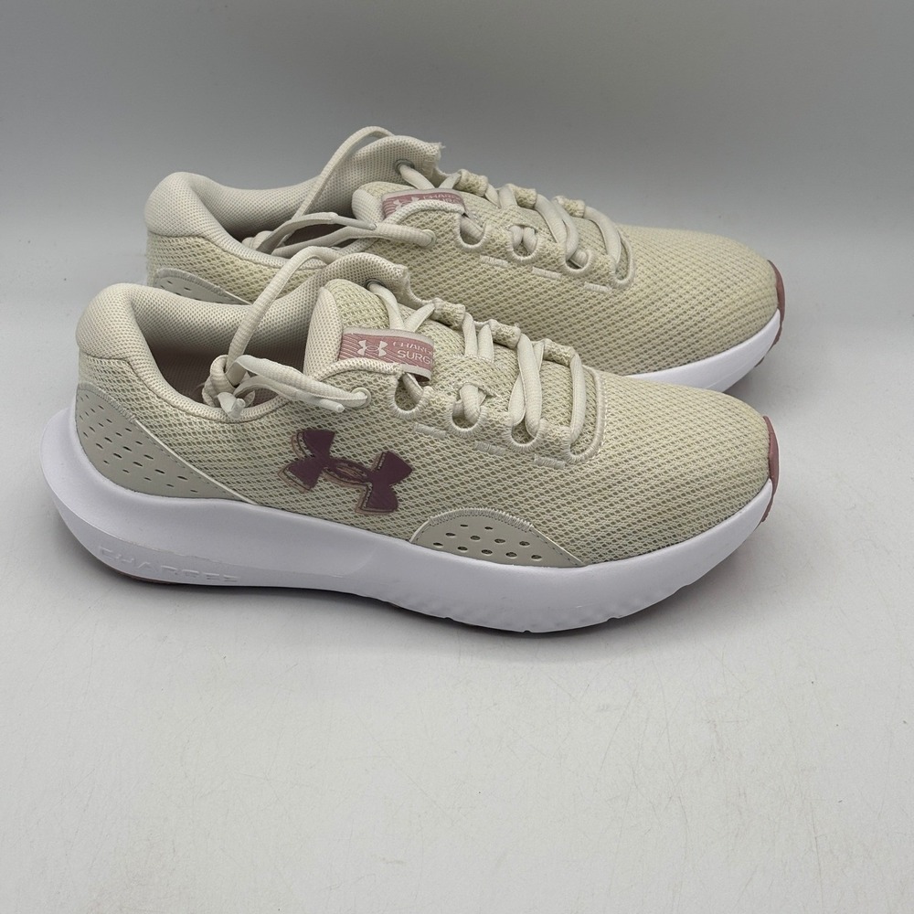 Under Armour Charged Surge 4 Shoes Womens Size 6 White Pink Running 3027007-110